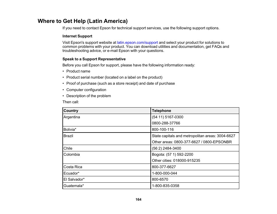 Where to get help (latin america) | Epson ES-580W Wireless Duplex Document Scanner User Manual | Page 164 / 183