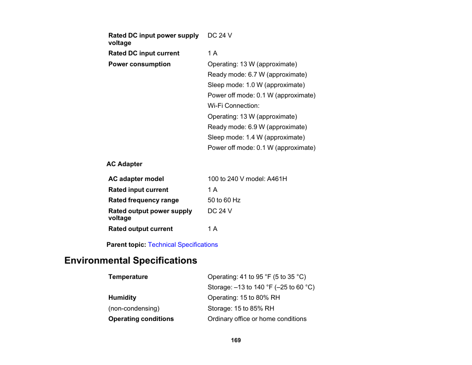 Environmental specifications | Epson ES-580W Wireless Duplex Document Scanner User Manual | Page 169 / 183