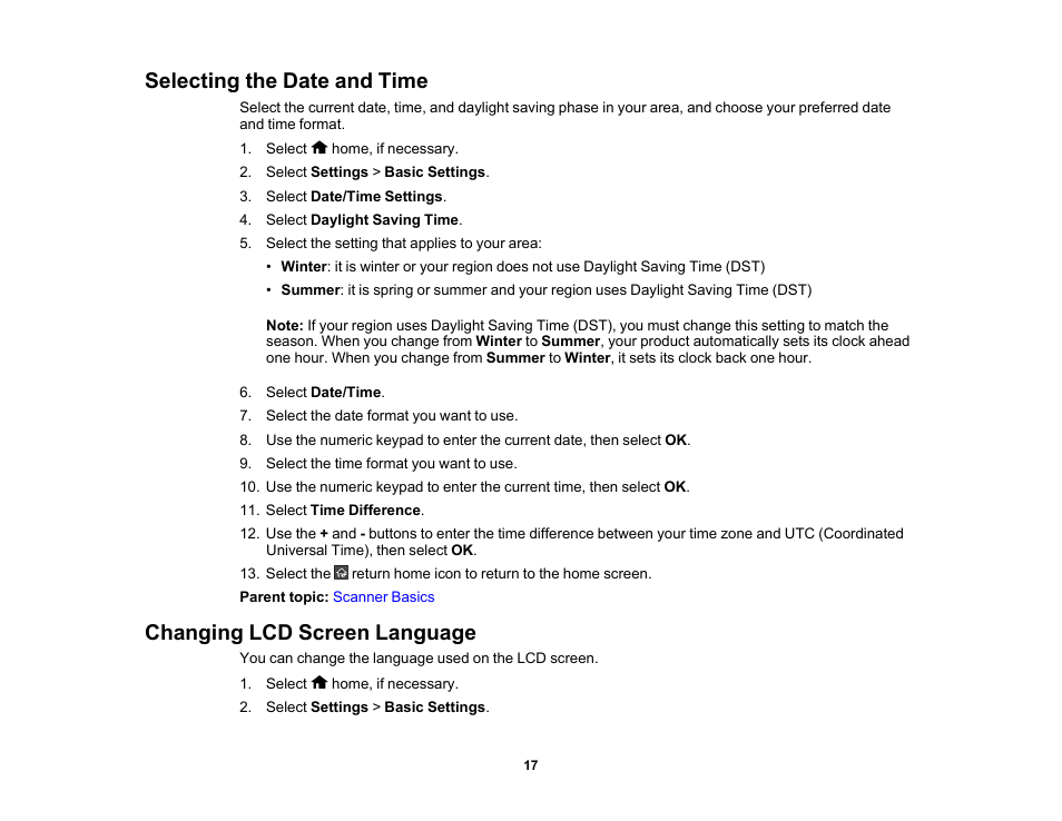 Selecting the date and time, Changing lcd screen language | Epson ES-580W Wireless Duplex Document Scanner User Manual | Page 17 / 183