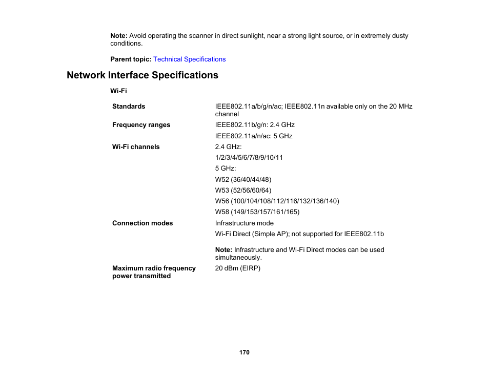 Network interface specifications | Epson ES-580W Wireless Duplex Document Scanner User Manual | Page 170 / 183