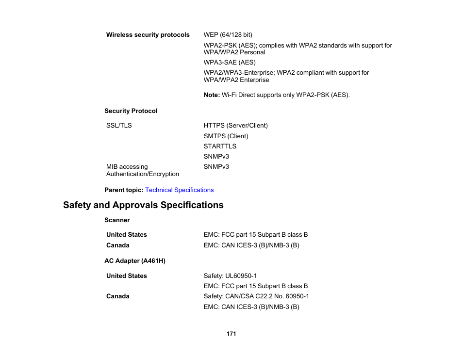 Safety and approvals specifications | Epson ES-580W Wireless Duplex Document Scanner User Manual | Page 171 / 183