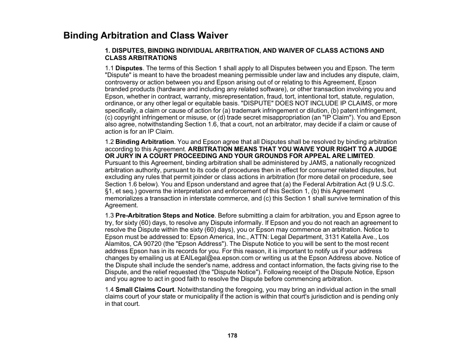 Binding arbitration and class waiver | Epson ES-580W Wireless Duplex Document Scanner User Manual | Page 178 / 183