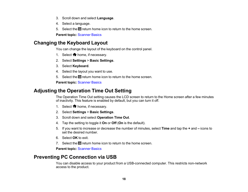 Changing the keyboard layout, Adjusting the operation time out setting, Preventing pc connection via usb | Epson ES-580W Wireless Duplex Document Scanner User Manual | Page 18 / 183