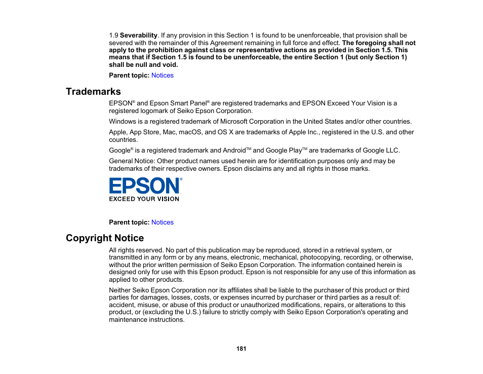 Trademarks, Copyright notice, Trademarks copyright notice | Epson ES-580W Wireless Duplex Document Scanner User Manual | Page 181 / 183