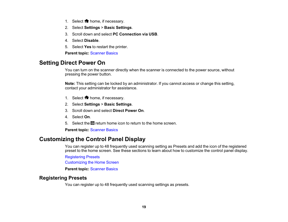 Setting direct power on, Customizing the control panel display, Registering presets | Epson ES-580W Wireless Duplex Document Scanner User Manual | Page 19 / 183