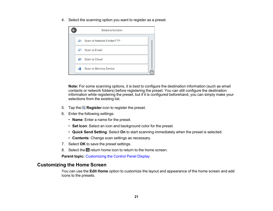 Customizing the home screen | Epson ES-580W Wireless Duplex Document Scanner User Manual | Page 21 / 183