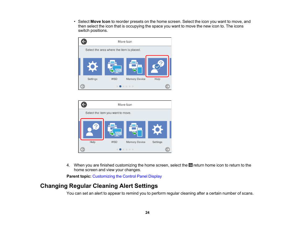 Changing regular cleaning alert settings | Epson ES-580W Wireless Duplex Document Scanner User Manual | Page 24 / 183