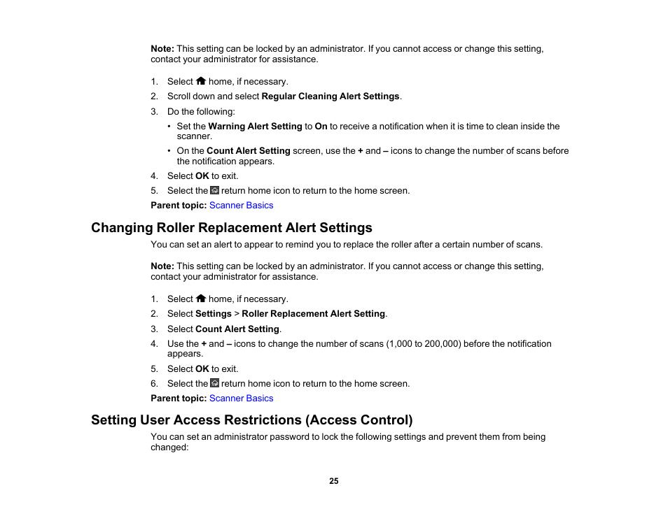 Changing roller replacement alert settings, Setting user access restrictions (access control) | Epson ES-580W Wireless Duplex Document Scanner User Manual | Page 25 / 183