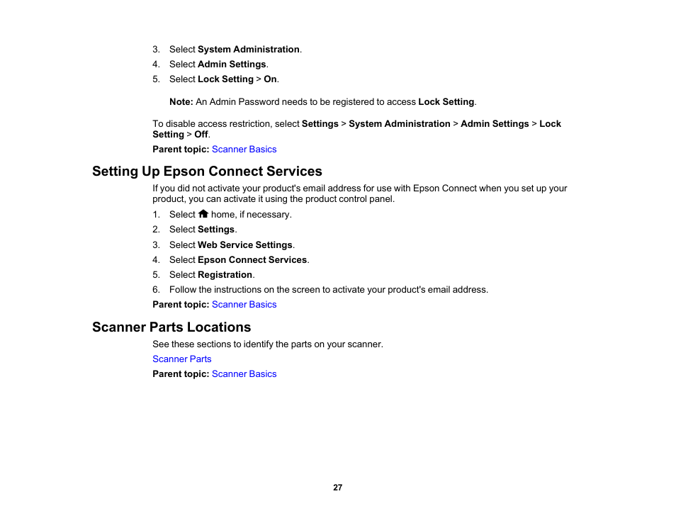 Setting up epson connect services, Scanner parts locations | Epson ES-580W Wireless Duplex Document Scanner User Manual | Page 27 / 183