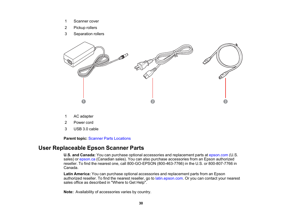 User replaceable epson scanner parts | Epson ES-580W Wireless Duplex Document Scanner User Manual | Page 30 / 183