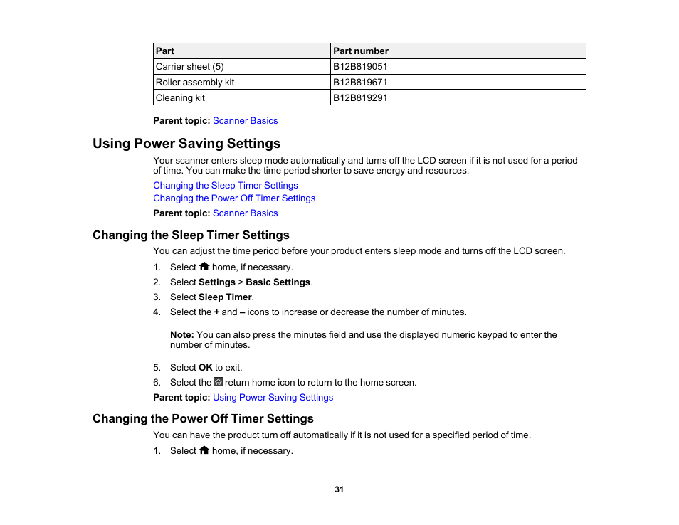 Using power saving settings, Changing the sleep timer settings, Changing the power off timer settings | Epson ES-580W Wireless Duplex Document Scanner User Manual | Page 31 / 183