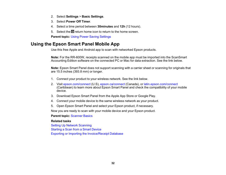 Using the epson smart panel mobile app | Epson ES-580W Wireless Duplex Document Scanner User Manual | Page 32 / 183
