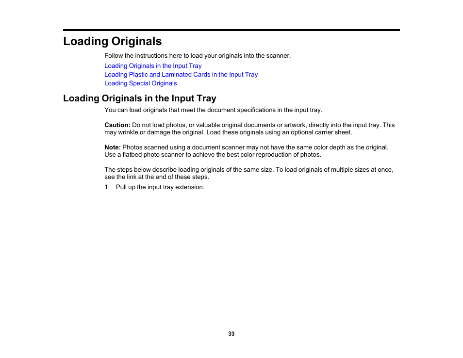 Loading originals, Loading originals in the input tray | Epson ES-580W Wireless Duplex Document Scanner User Manual | Page 33 / 183