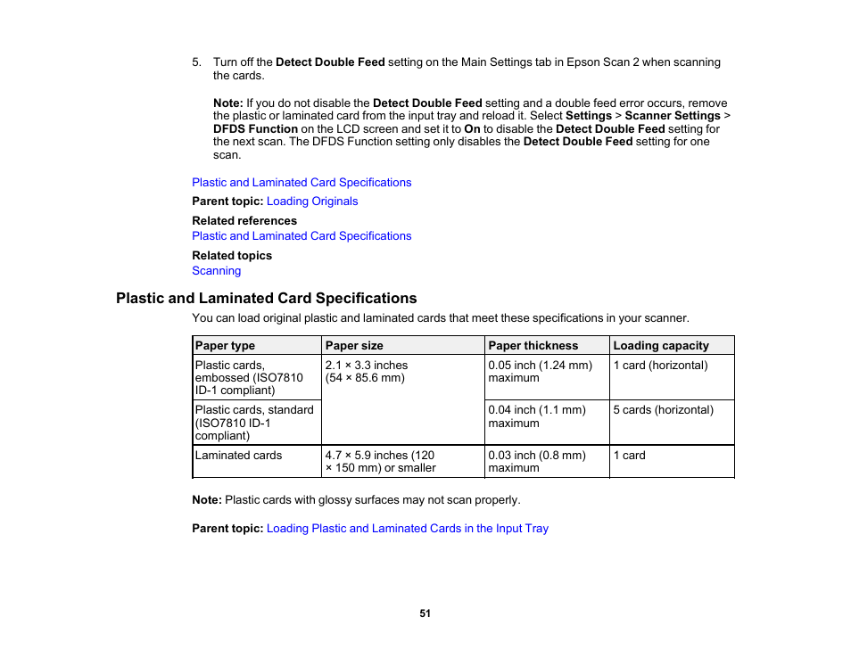 Plastic and laminated card specifications | Epson ES-580W Wireless Duplex Document Scanner User Manual | Page 51 / 183