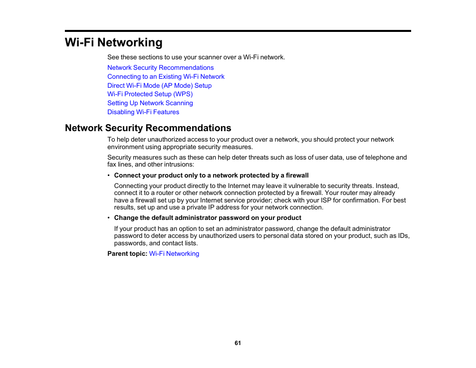 Wi-fi networking, Network security recommendations | Epson ES-580W Wireless Duplex Document Scanner User Manual | Page 61 / 183