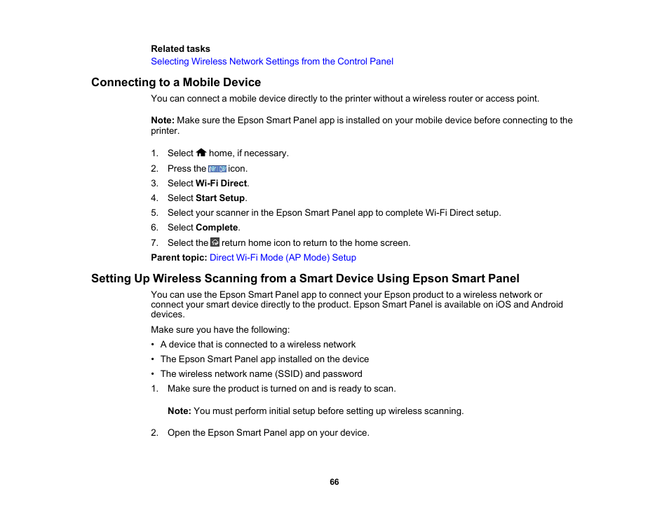 Connecting to a mobile device | Epson ES-580W Wireless Duplex Document Scanner User Manual | Page 66 / 183