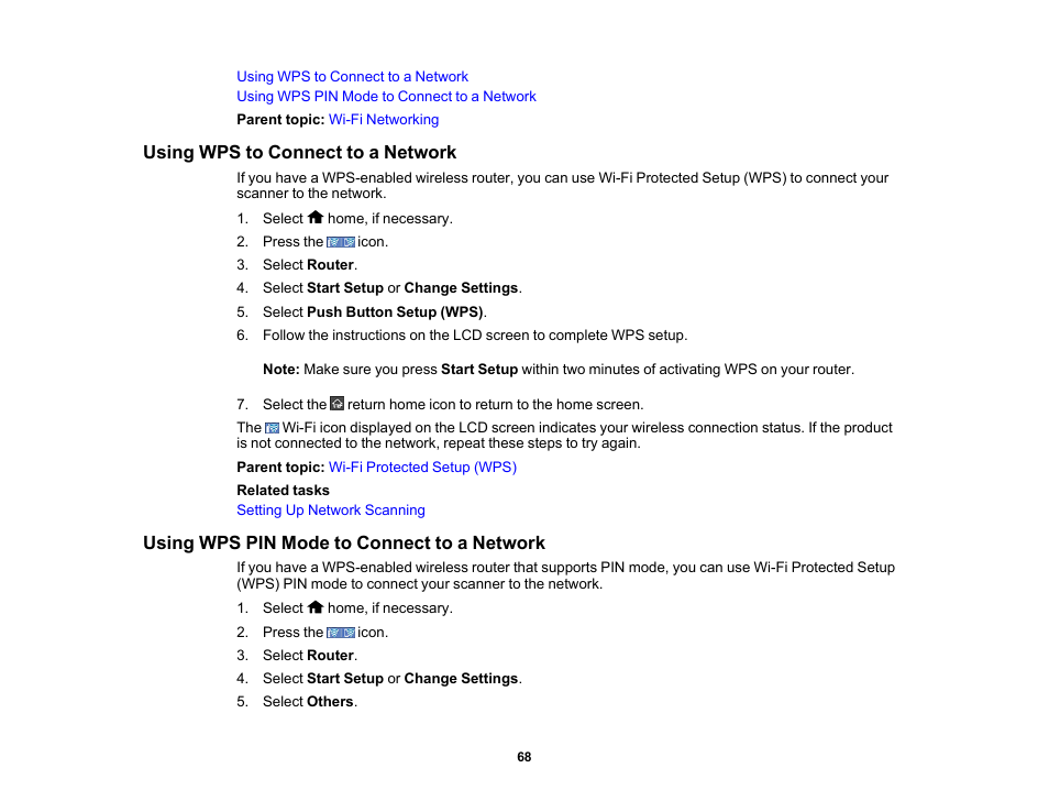 Using wps to connect to a network, Using wps pin mode to connect to a network | Epson ES-580W Wireless Duplex Document Scanner User Manual | Page 68 / 183