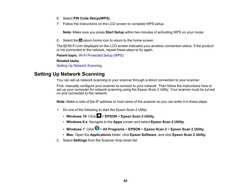Setting up network scanning | Epson ES-580W Wireless Duplex Document Scanner User Manual | Page 69 / 183