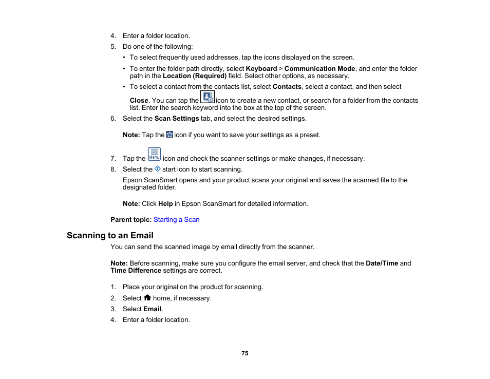 Scanning to an email | Epson ES-580W Wireless Duplex Document Scanner User Manual | Page 75 / 183