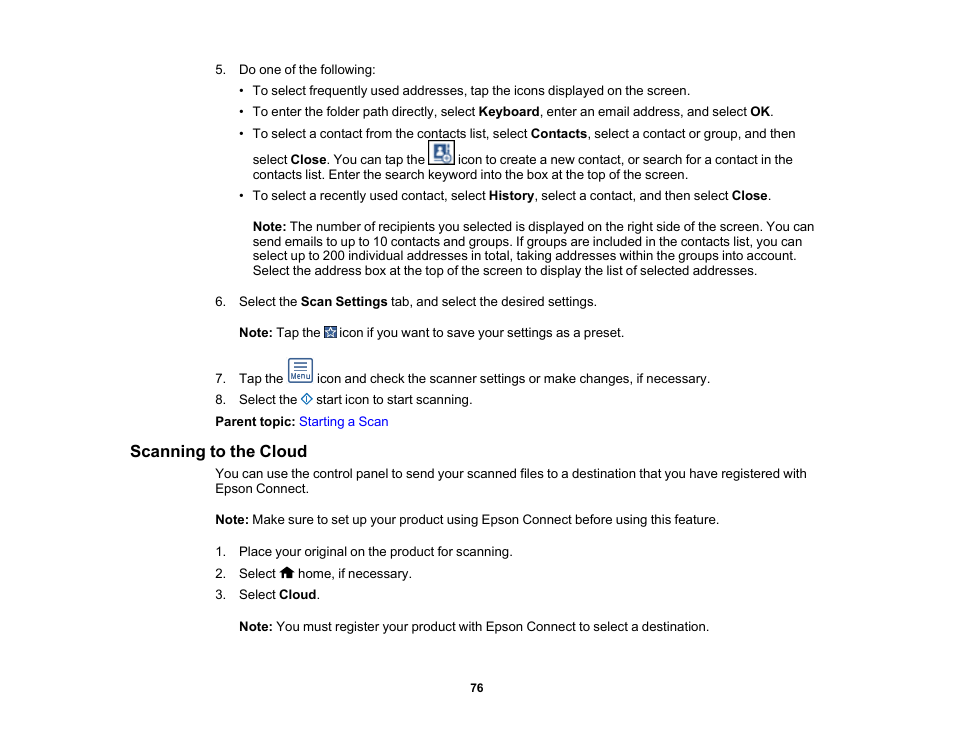 Scanning to the cloud | Epson ES-580W Wireless Duplex Document Scanner User Manual | Page 76 / 183