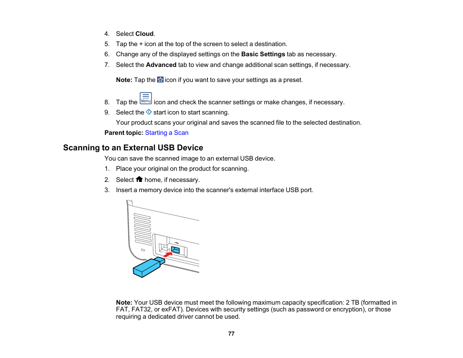 Scanning to an external usb device | Epson ES-580W Wireless Duplex Document Scanner User Manual | Page 77 / 183