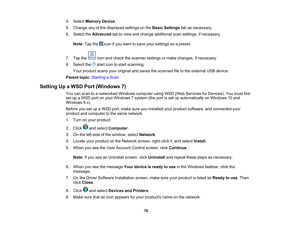 Setting up a wsd port (windows 7) | Epson ES-580W Wireless Duplex Document Scanner User Manual | Page 78 / 183