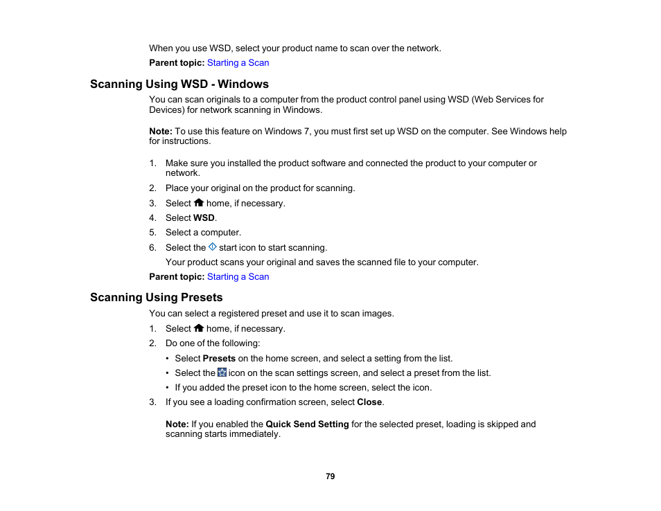 Scanning using wsd - windows, Scanning using presets | Epson ES-580W Wireless Duplex Document Scanner User Manual | Page 79 / 183