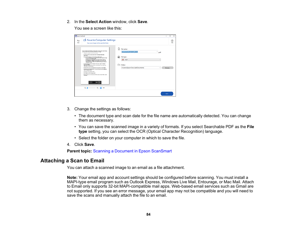 Attaching a scan to email | Epson ES-580W Wireless Duplex Document Scanner User Manual | Page 84 / 183