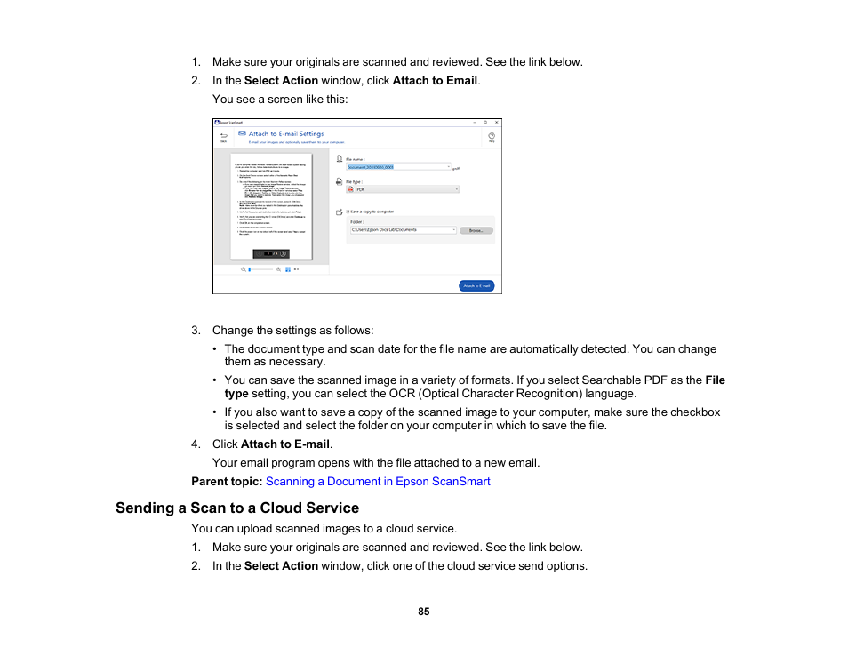 Sending a scan to a cloud service | Epson ES-580W Wireless Duplex Document Scanner User Manual | Page 85 / 183