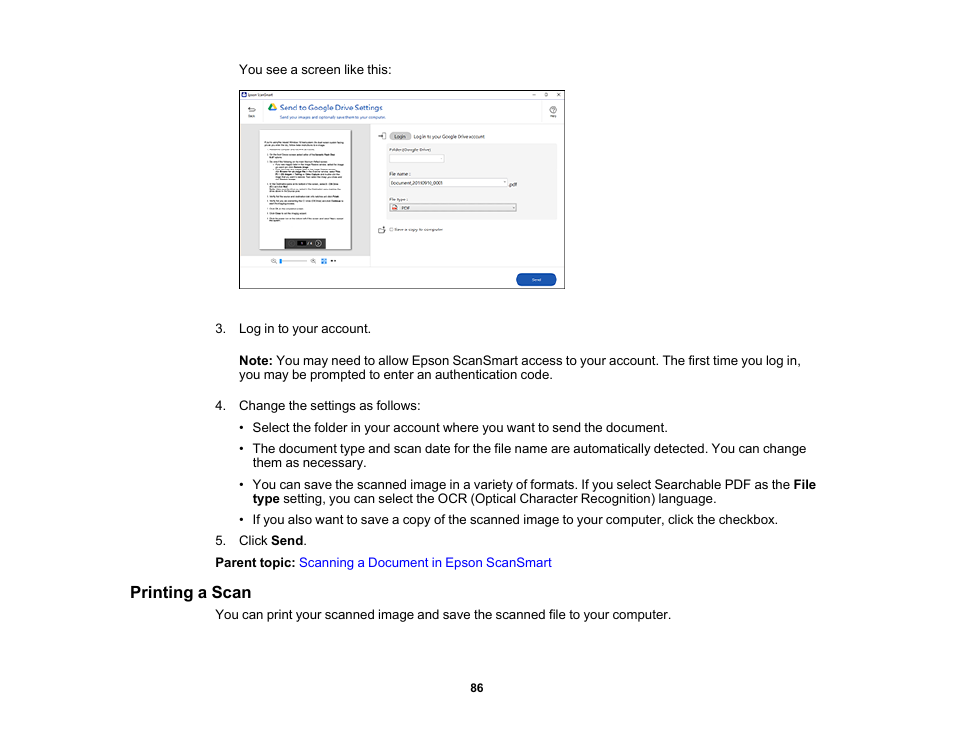 Printing a scan | Epson ES-580W Wireless Duplex Document Scanner User Manual | Page 86 / 183