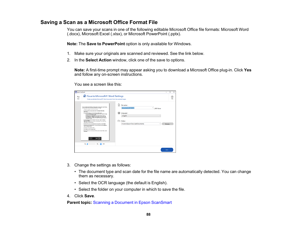 Saving a scan as a microsoft office format file | Epson ES-580W Wireless Duplex Document Scanner User Manual | Page 88 / 183