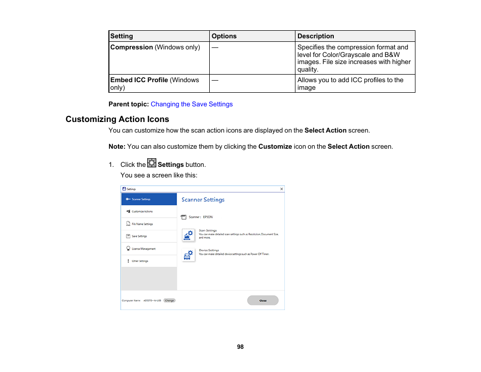 Customizing action icons | Epson ES-580W Wireless Duplex Document Scanner User Manual | Page 98 / 183