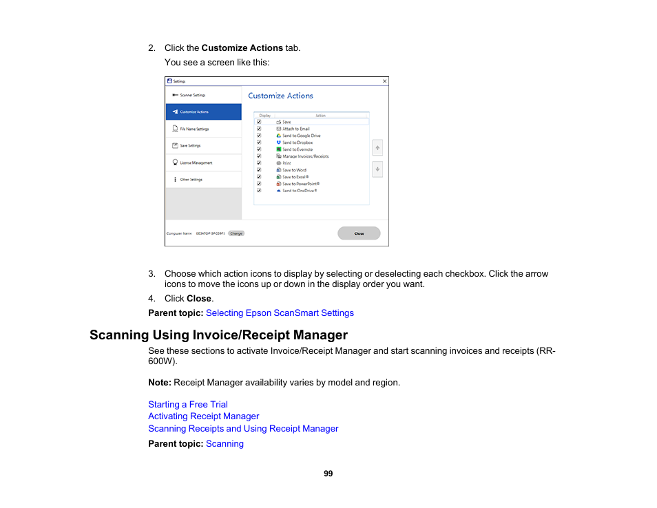 Scanning using invoice/receipt manager | Epson ES-580W Wireless Duplex Document Scanner User Manual | Page 99 / 183