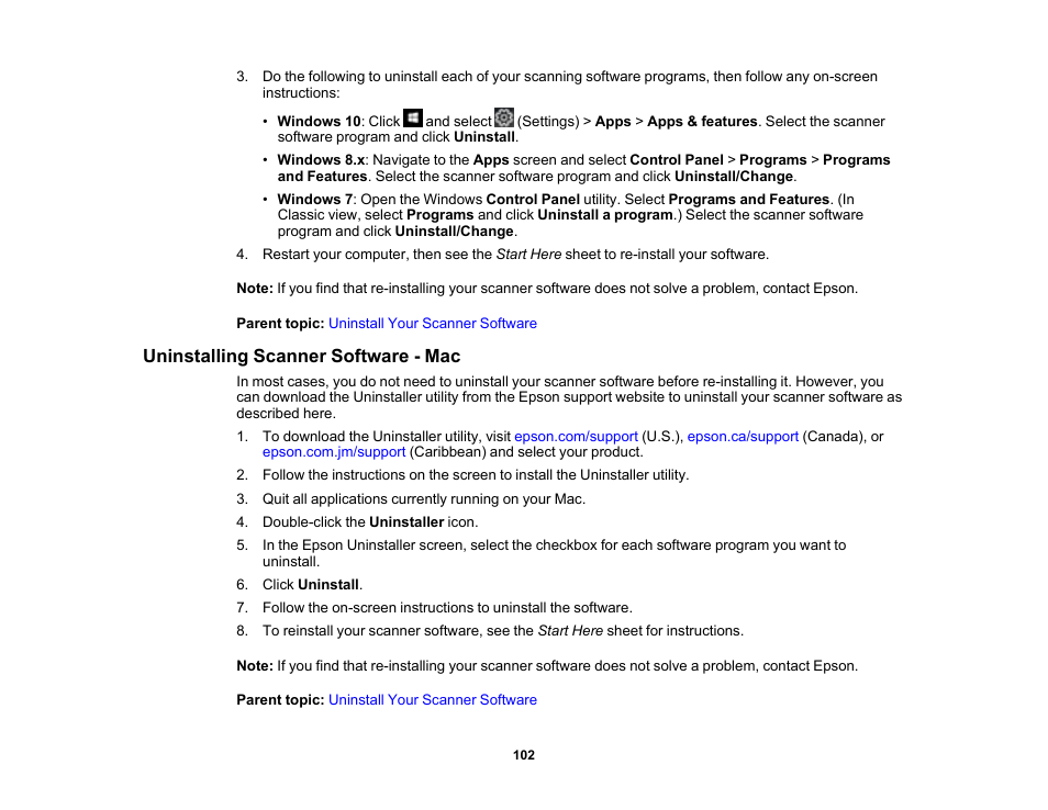 Uninstalling scanner software - mac | Epson FastFoto FF-680W Photo Scanner User Manual | Page 102 / 120