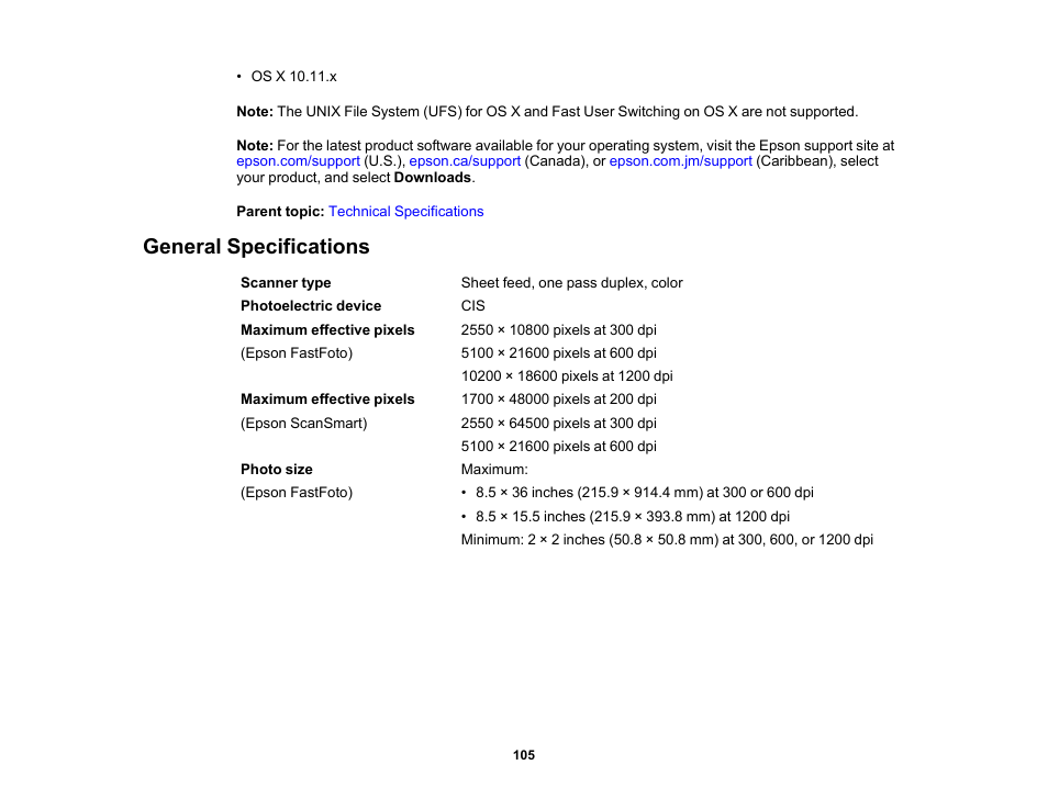 General specifications | Epson FastFoto FF-680W Photo Scanner User Manual | Page 105 / 120