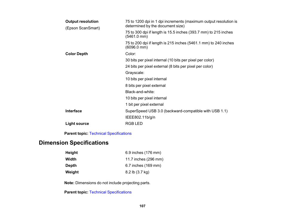 Dimension specifications | Epson FastFoto FF-680W Photo Scanner User Manual | Page 107 / 120