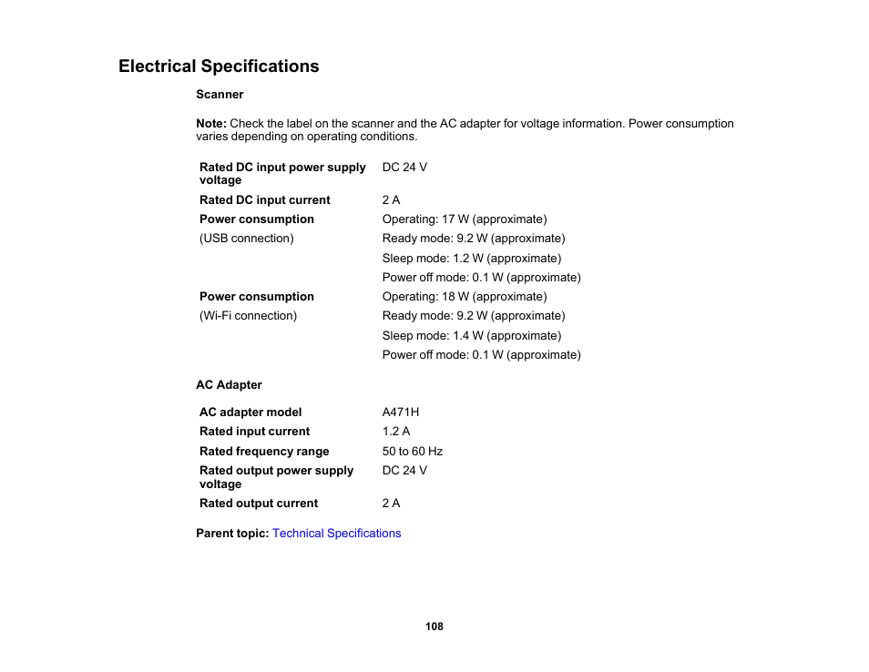 Electrical specifications | Epson FastFoto FF-680W Photo Scanner User Manual | Page 108 / 120