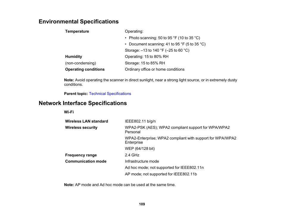 Environmental specifications, Network interface specifications | Epson FastFoto FF-680W Photo Scanner User Manual | Page 109 / 120