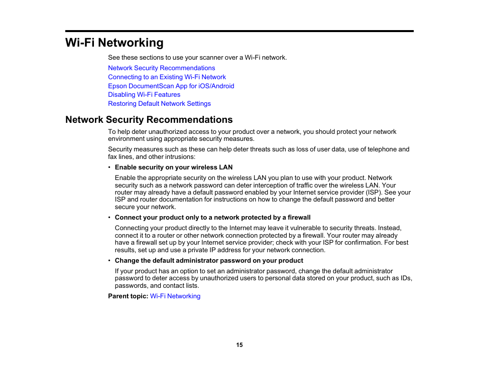 Wi-fi networking, Network security recommendations | Epson FastFoto FF-680W Photo Scanner User Manual | Page 15 / 120