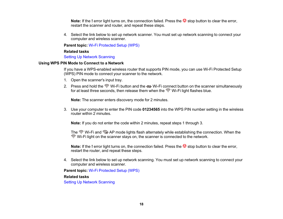 Using wps pin mode to connect to a network | Epson FastFoto FF-680W Photo Scanner User Manual | Page 18 / 120