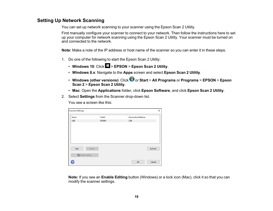 Setting up network scanning | Epson FastFoto FF-680W Photo Scanner User Manual | Page 19 / 120