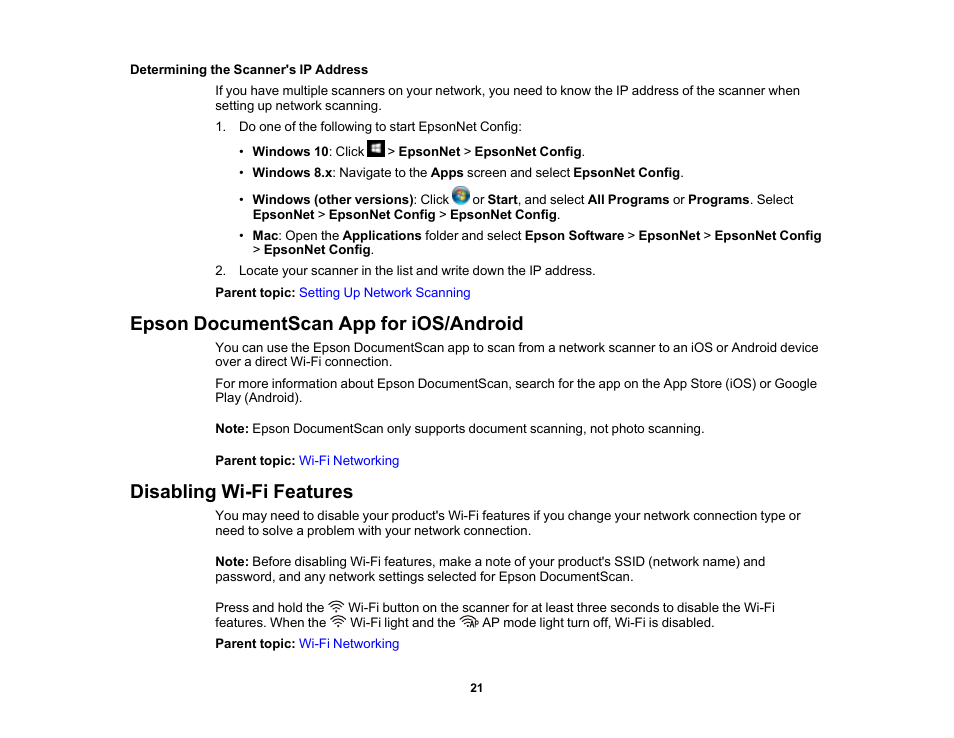Determining the scanner's ip address, Epson documentscan app for ios/android, Disabling wi-fi features | Epson FastFoto FF-680W Photo Scanner User Manual | Page 21 / 120