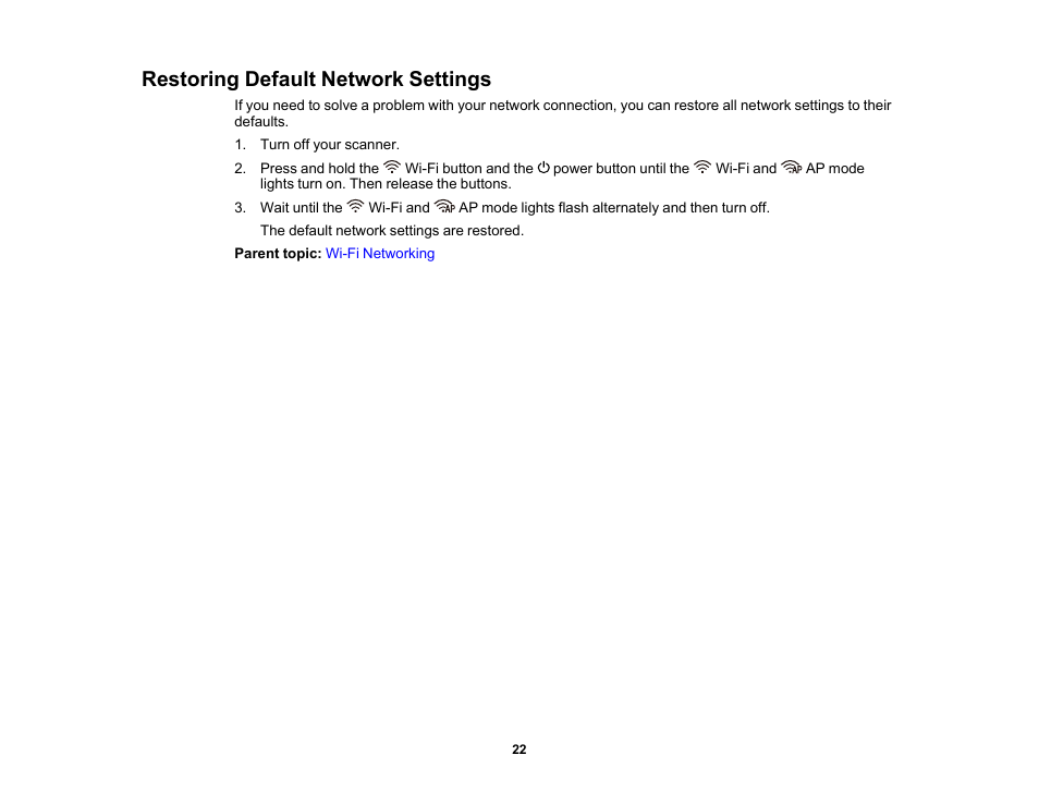 Restoring default network settings | Epson FastFoto FF-680W Photo Scanner User Manual | Page 22 / 120