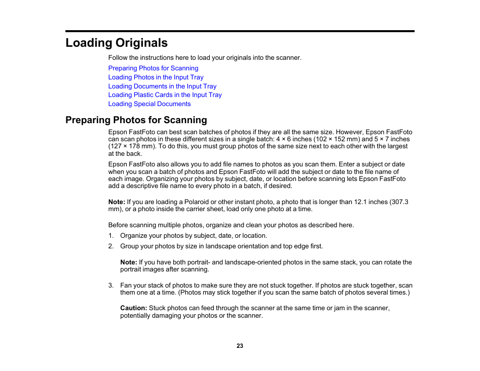 Loading originals, Preparing photos for scanning | Epson FastFoto FF-680W Photo Scanner User Manual | Page 23 / 120