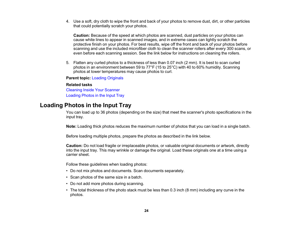 Loading photos in the input tray | Epson FastFoto FF-680W Photo Scanner User Manual | Page 24 / 120