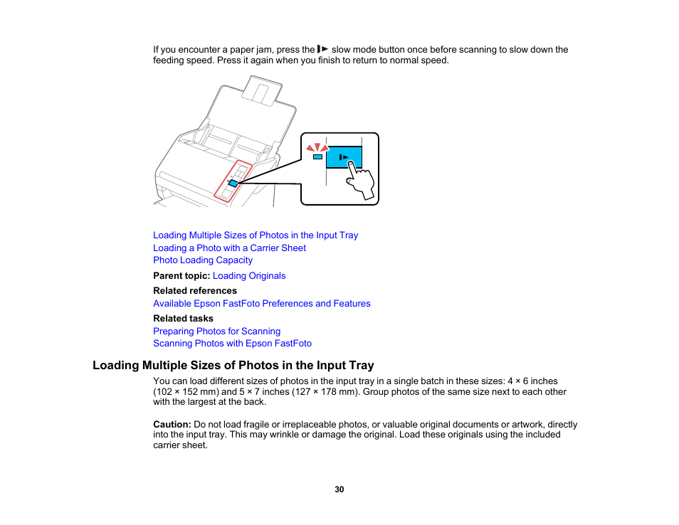 Loading multiple sizes of photos in the input tray | Epson FastFoto FF-680W Photo Scanner User Manual | Page 30 / 120