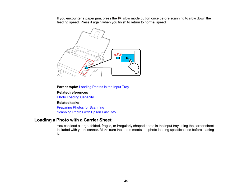 Loading a photo with a carrier sheet | Epson FastFoto FF-680W Photo Scanner User Manual | Page 34 / 120