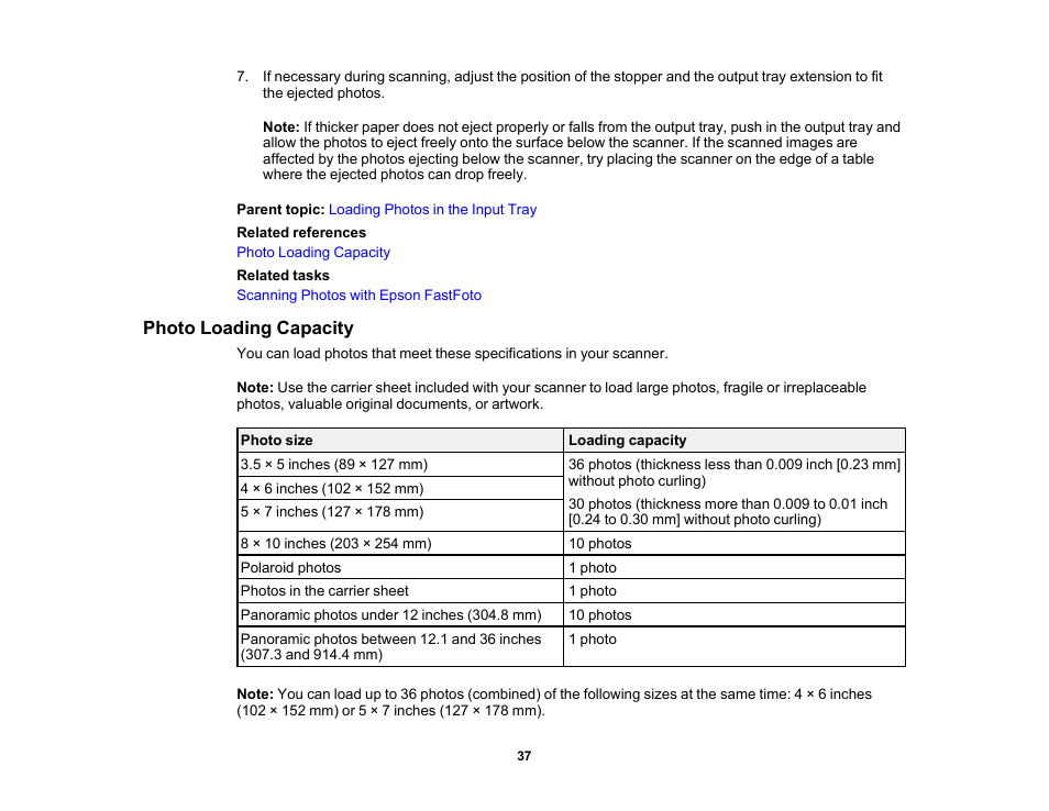 Photo loading capacity | Epson FastFoto FF-680W Photo Scanner User Manual | Page 37 / 120