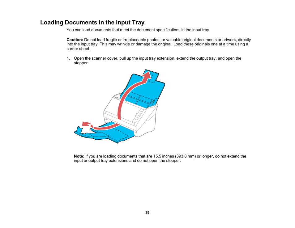 Loading documents in the input tray | Epson FastFoto FF-680W Photo Scanner User Manual | Page 39 / 120