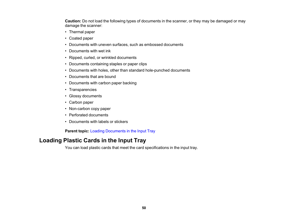 Loading plastic cards in the input tray | Epson FastFoto FF-680W Photo Scanner User Manual | Page 50 / 120